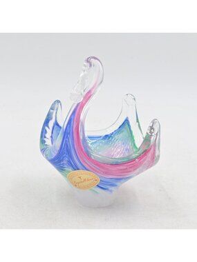 Crystal Clear Murano Style Swan Glass Bowl Trinket Dish Blue Pink Swirl Italy